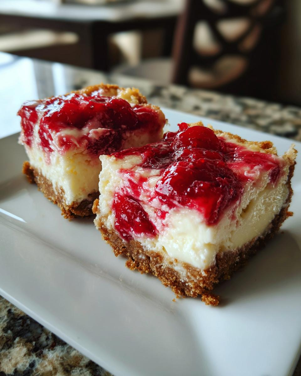 Two slices of Christmas cheesecake bars with a graham cracker crust and a vibrant cherry topping on a white plate.