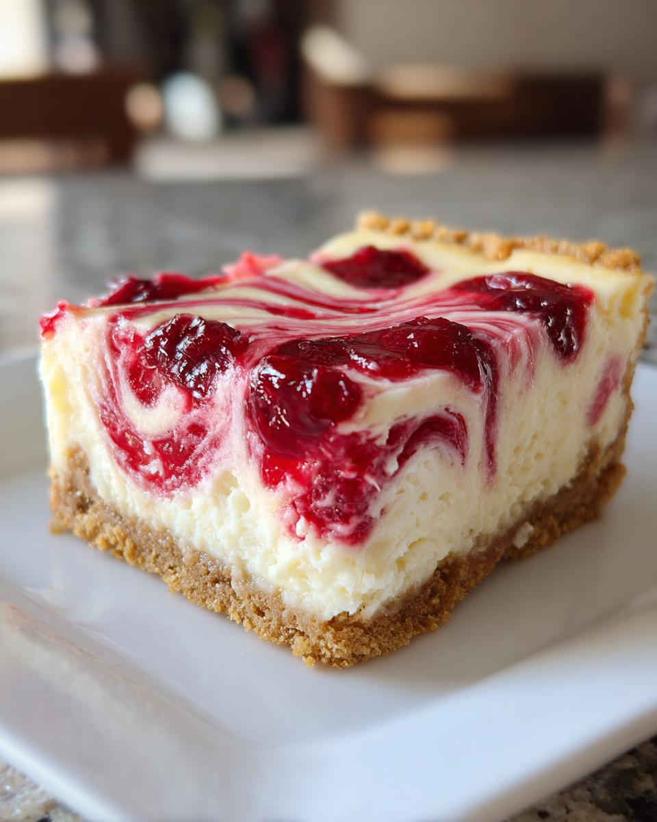 A close-up of a slice of Christmas cheesecake bars with a graham cracker crust and red swirl topping.