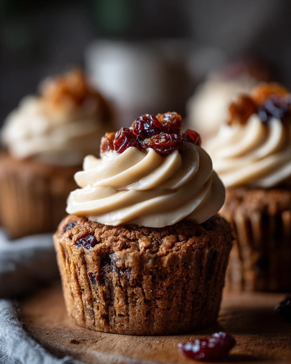 Close-up of a Christmas pudding cupcake topped with creamy frosting and dried fruit.