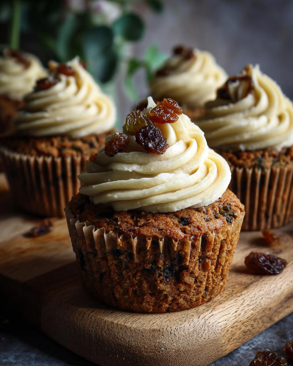 Close-up of a festive Christmas pudding cupcake topped with swirl frosting and dried fruit.