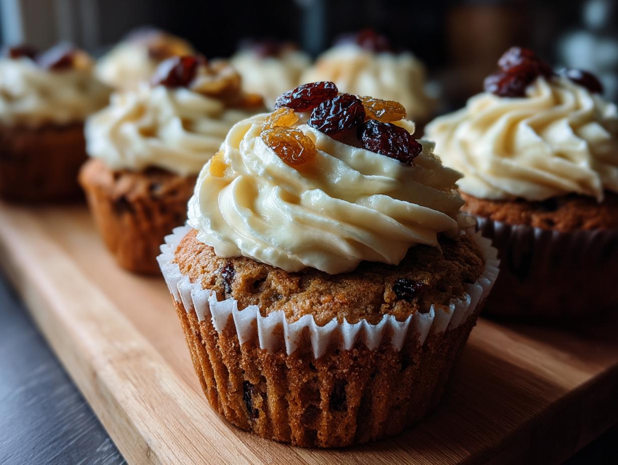 Close-up of a Christmas pudding cupcake topped with creamy frosting and dried fruit.