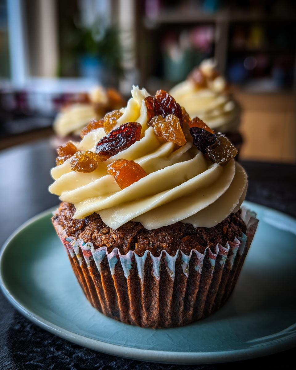 Close-up of a Christmas pudding cupcake topped with swirls of cream cheese frosting and dried fruit.