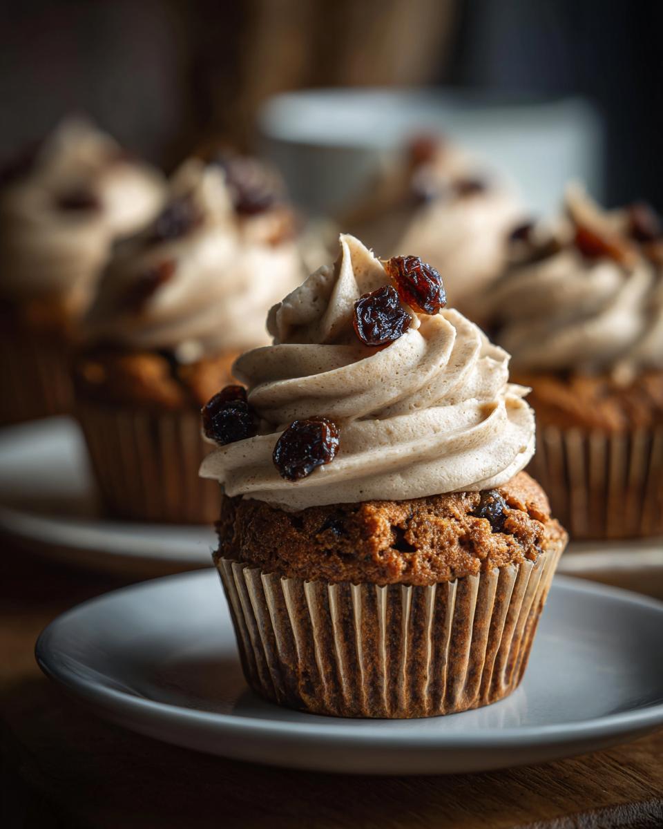 Close-up of a Christmas pudding cupcake topped with swirled frosting and dried raisins.
