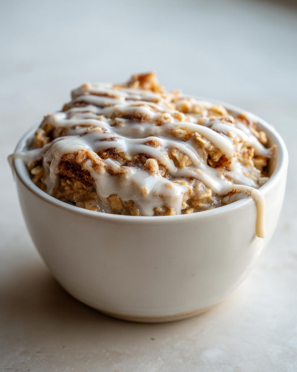 Close-up of cinnamon roll overnight oats topped generously with white cream cheese glaze.