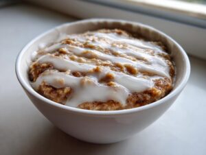 Close-up of a bowl of cinnamon roll overnight oats topped with a thick white icing drizzle.