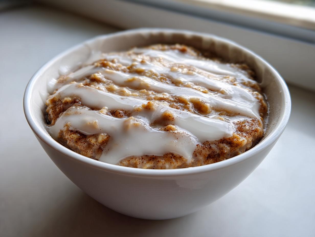Close-up of a bowl of cinnamon roll overnight oats topped with a thick white icing drizzle.
