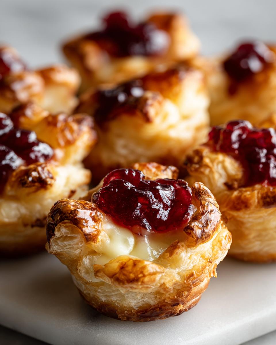 Close-up of warm, flaky pastry cups filled with melted brie and topped with dark red jam, showcasing delicious brie bites.