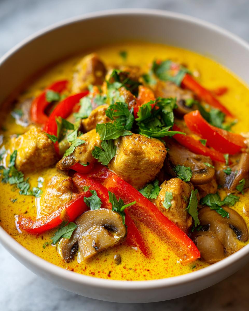 A close-up of a bowl of rich, yellow coconut curry soup filled with chicken, red bell peppers, mushrooms, and fresh cilantro.