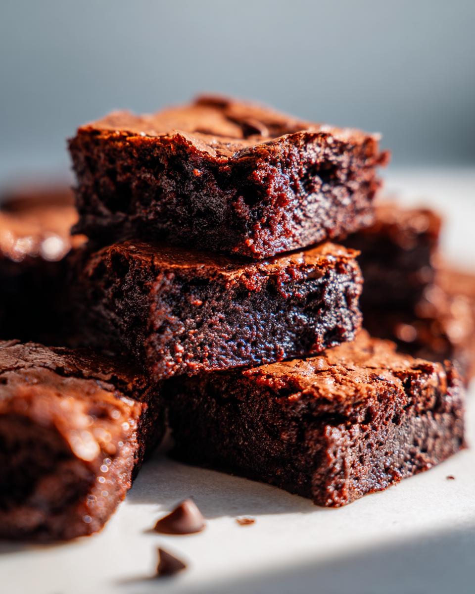 A close-up stack of rich, dark chocolate cottage cheese protein brownie bites with a slightly fudgy texture.