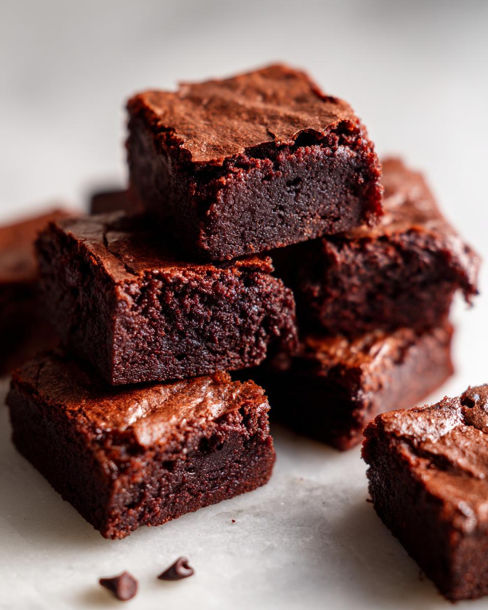 A stack of rich, fudgy cottage cheese protein brownie bites on a marble surface with chocolate chips.