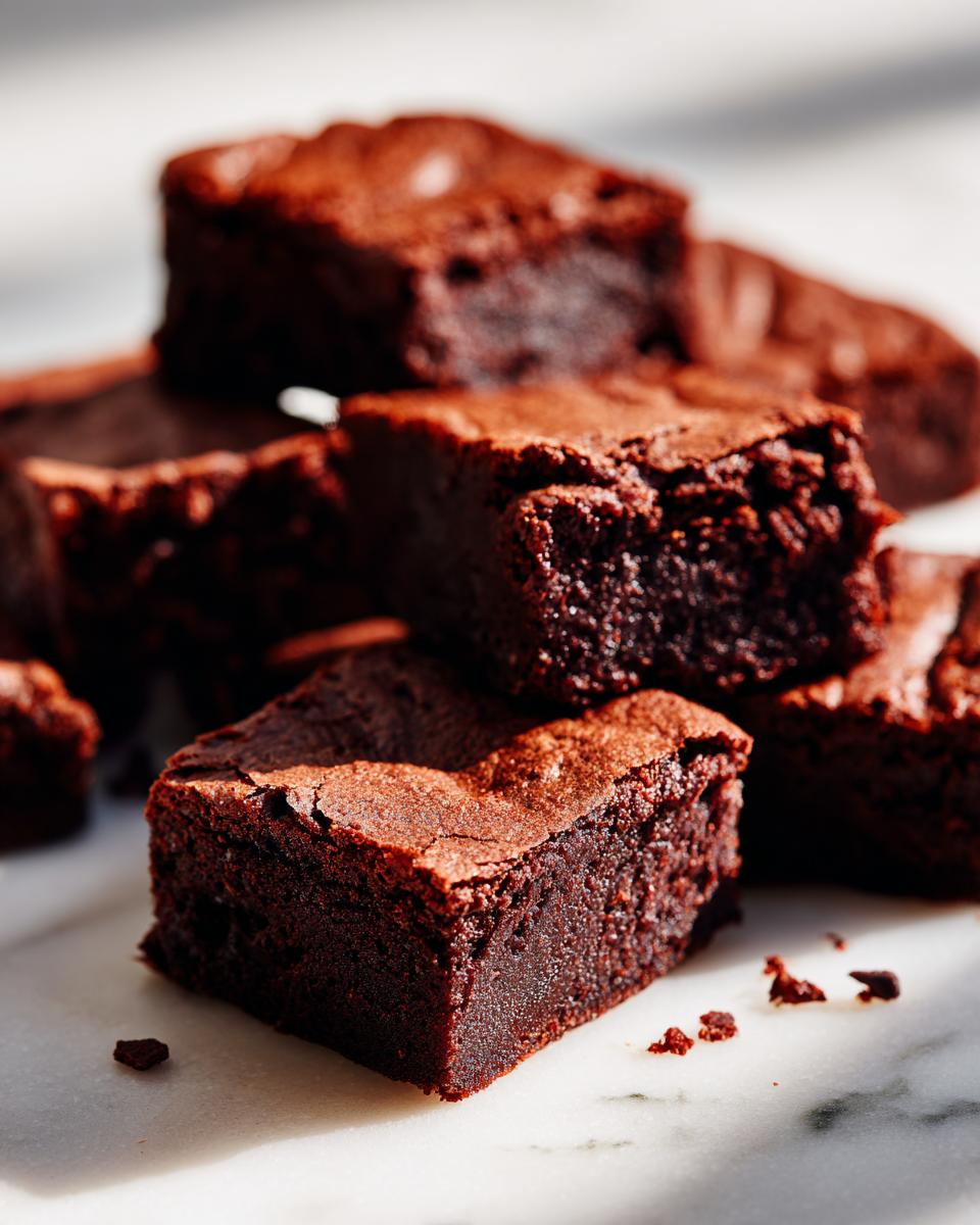 A close-up stack of rich, dark chocolate cottage cheese protein brownie bites on a marble surface.