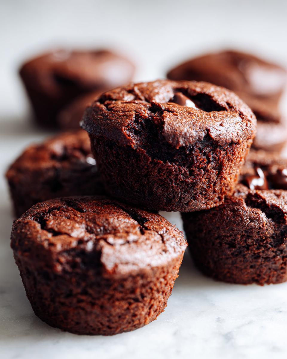 A stack of rich chocolate cottage cheese protein brownie bites, with visible chocolate chips.