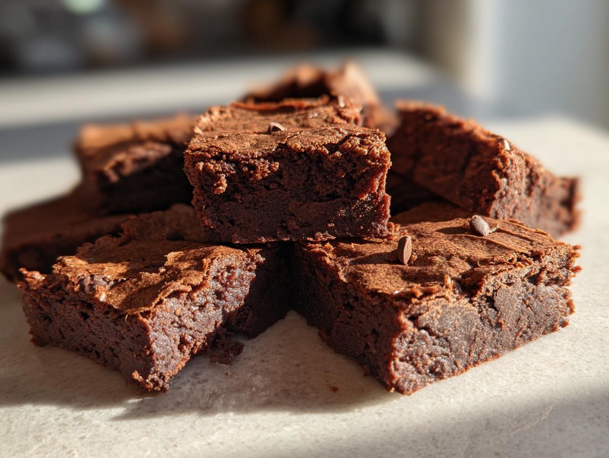 A close-up stack of rich, fudgy cottage cheese protein brownie bites, some topped with chocolate chips.