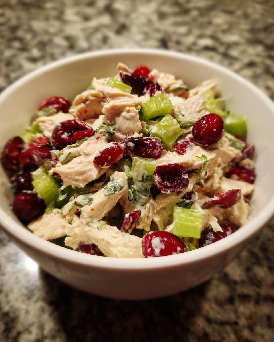 Close-up of a white bowl filled with delicious Cranberry Apple Chicken Salad, featuring shredded chicken, celery, and whole cranberries.