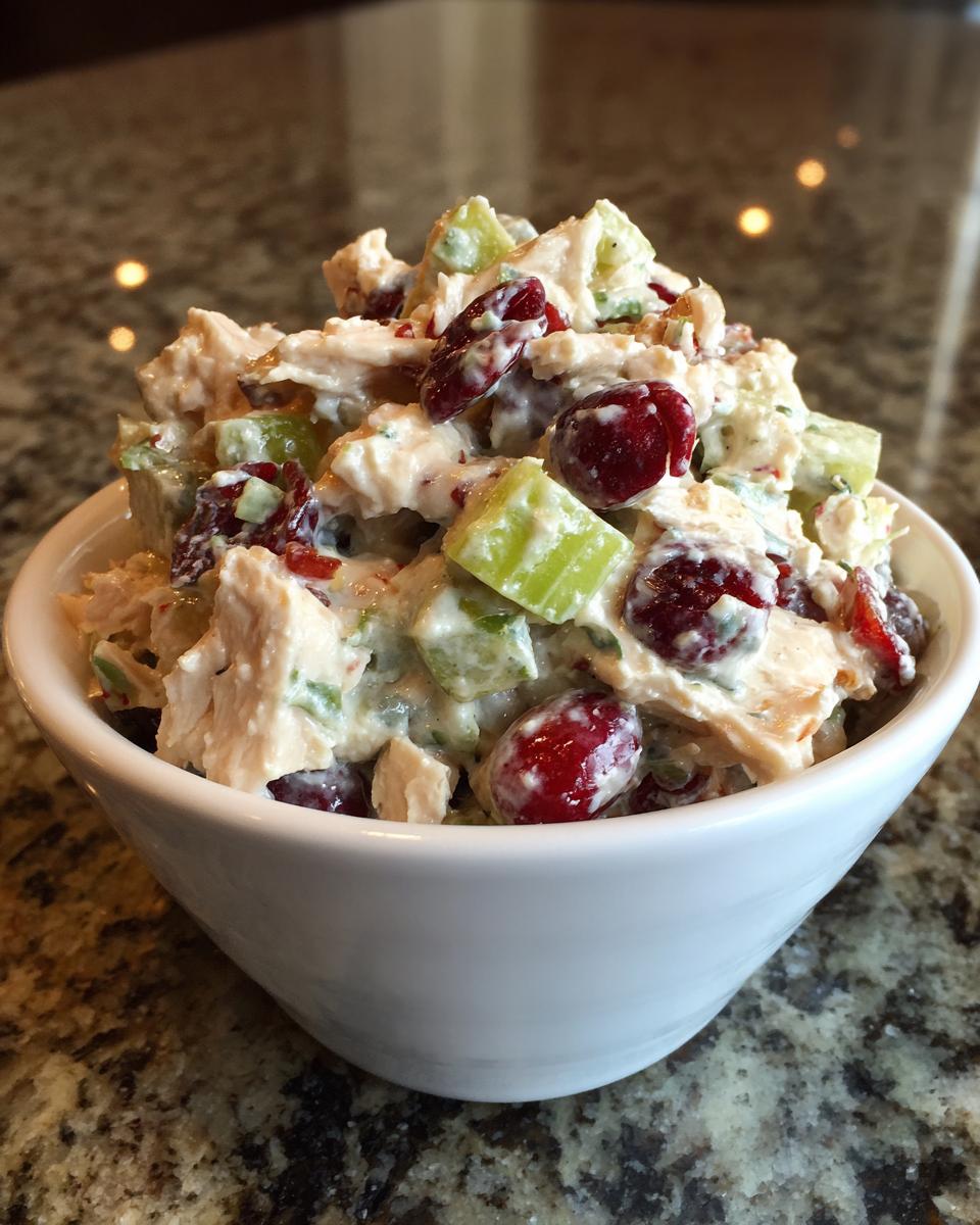 A close-up of a white bowl filled with delicious Cranberry Apple Chicken Salad, featuring shredded chicken, red cranberries, and green celery.