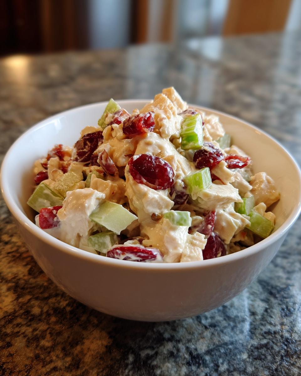 Close-up of a white bowl filled with delicious Cranberry Apple Chicken Salad, featuring chunks of chicken, red cranberries, and green celery.