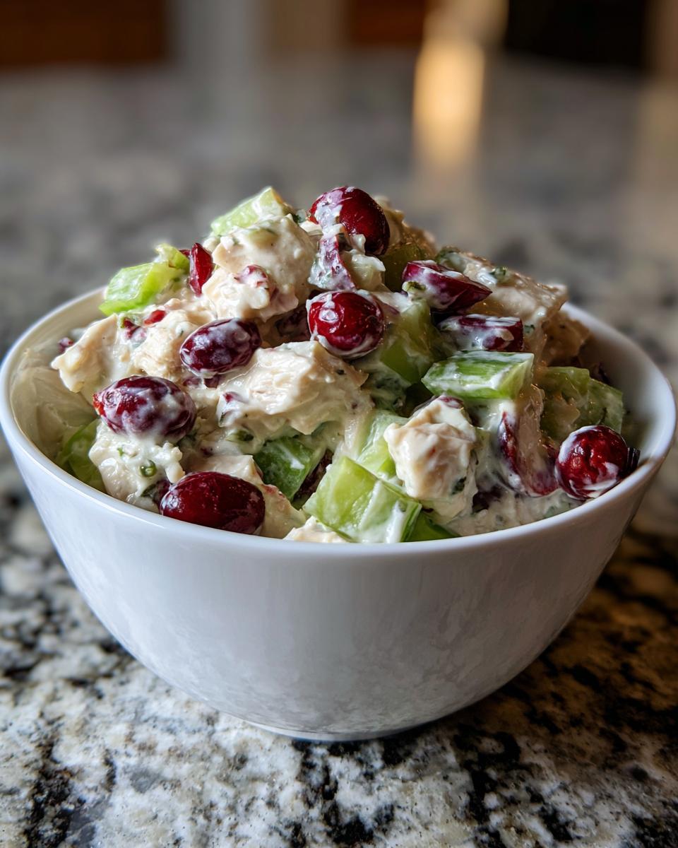 A white bowl filled with creamy Cranberry Apple Chicken Salad, featuring chunks of chicken, celery, and whole cranberries.