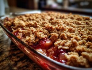 Close-up of a golden-brown, crumbly topping on a bubbling cranberry apple crisp in a glass baking dish.