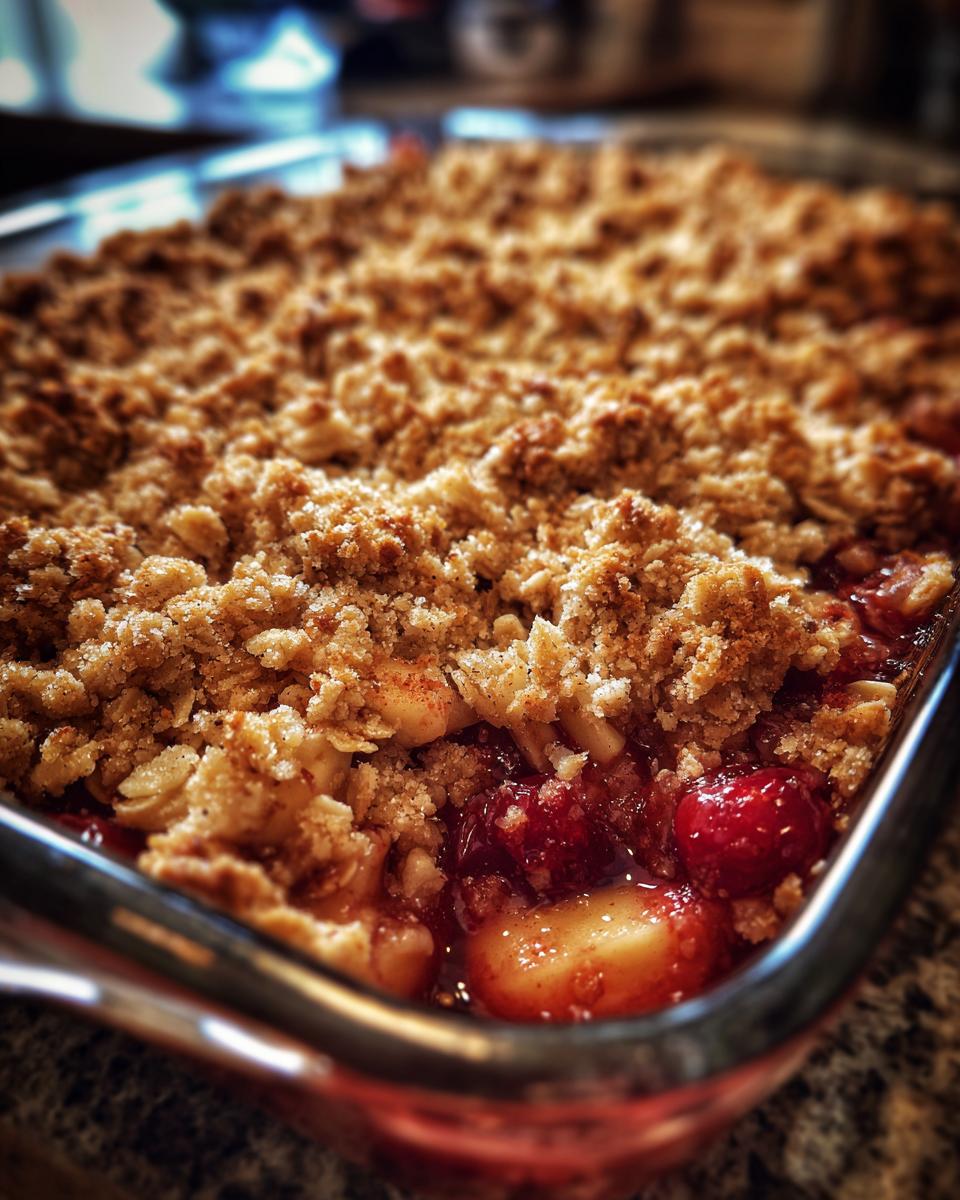Close-up of a freshly baked Cranberry Apple Crisp in a glass baking dish, showing bubbling fruit and golden topping.
