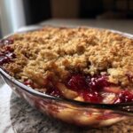 Close-up of a golden-brown Cranberry Apple Crisp with a crumbly topping in a glass baking dish.