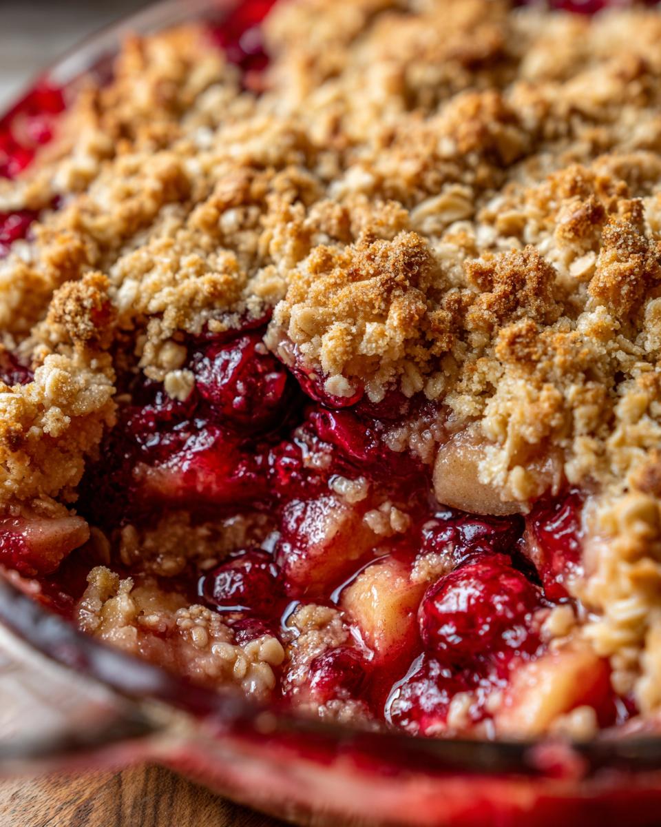 A close-up, detailed view of a bubbling Cranberry Apple Crisp with a golden oat topping.