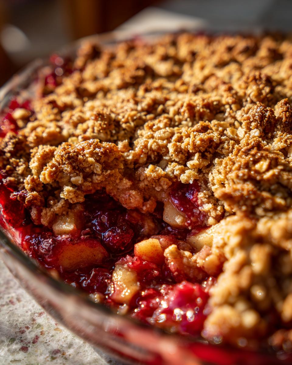 A close-up shot of a baked Cranberry Apple Crisp in a glass dish, showing the golden-brown crumble topping and the bubbling fruit filling.