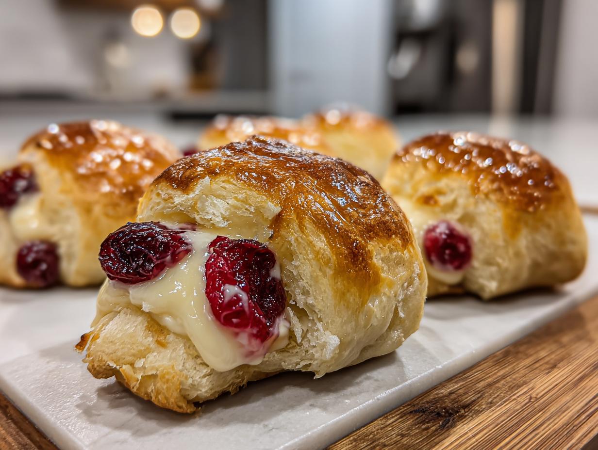 Close-up of golden brown cranberry cream cheese crescent bites, showing creamy filling and tart cranberries.