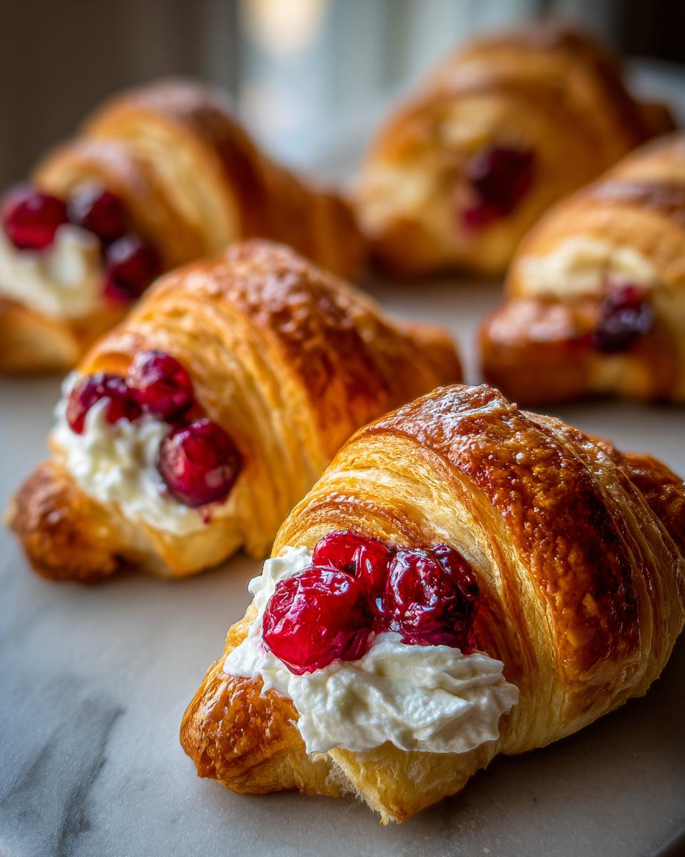 Close-up of delicious Cranberry Cream Cheese Crescent Bites filled with cream cheese and topped with bright red cranberries.