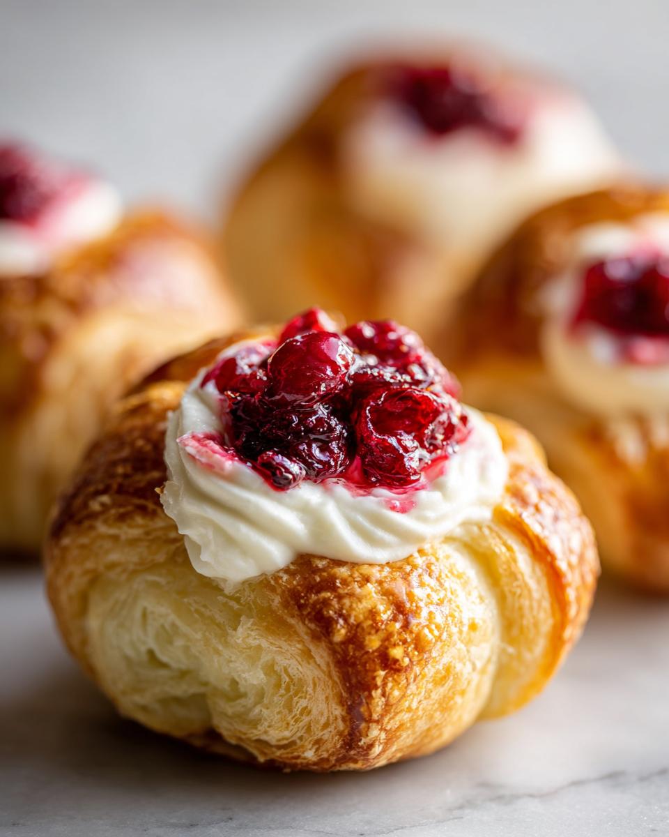 Close-up of a golden-brown crescent roll bite topped with cream cheese and a dollop of cranberry sauce.