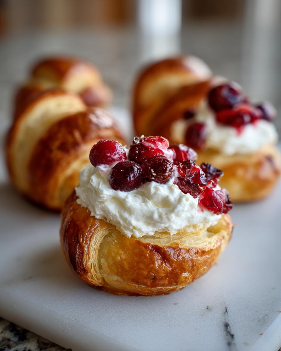 Close-up of a Cranberry Cream Cheese Crescent Bite topped with whipped cream and fresh cranberries.