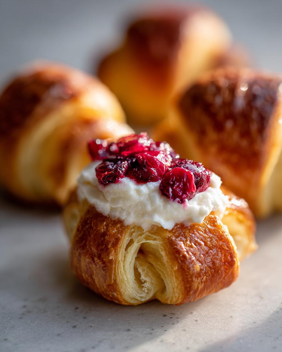 Close-up of a golden crescent roll topped with cream cheese and a dollop of cranberries, part of a batch of Cranberry Cream Cheese Crescent Bites.