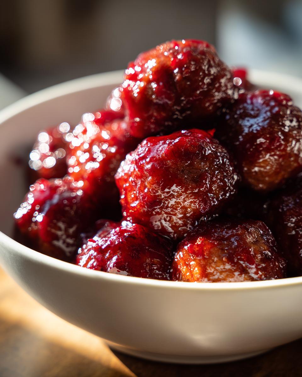 A close-up, overhead view of glistening cranberry meatballs in a white bowl, coated in a rich, red sauce.