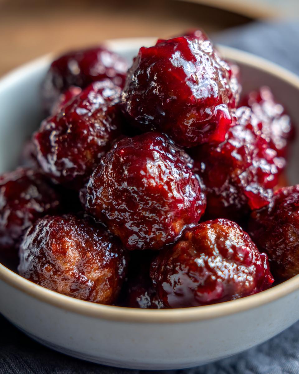 Close-up of a bowl filled with glistening cranberry meatballs, coated in a rich, dark sauce.