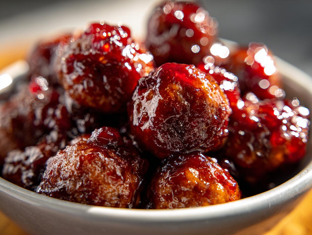 Close-up of a bowl filled with glistening cranberry meatballs, coated in a rich, glossy sauce.