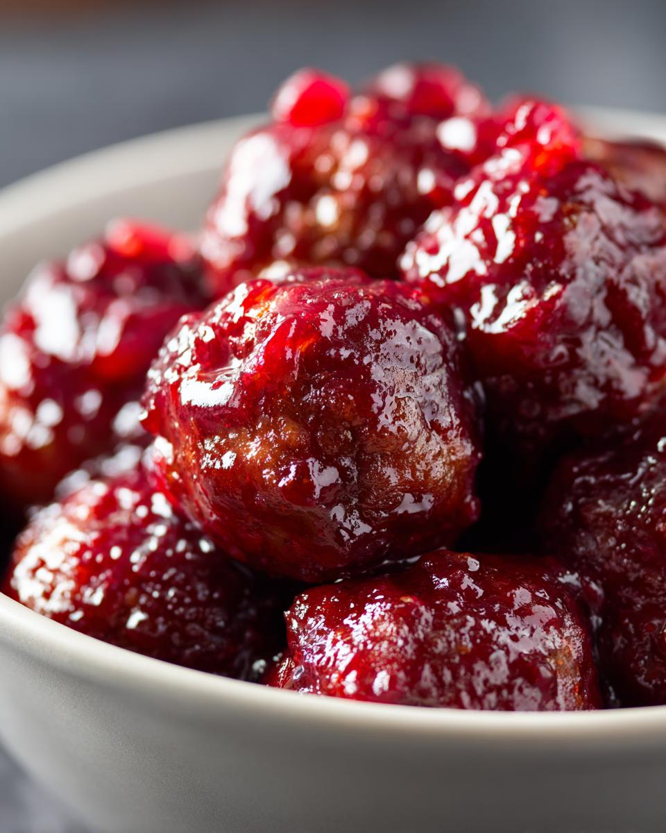Close-up of glistening cranberry meatballs in a white bowl, coated in a rich, red sauce.