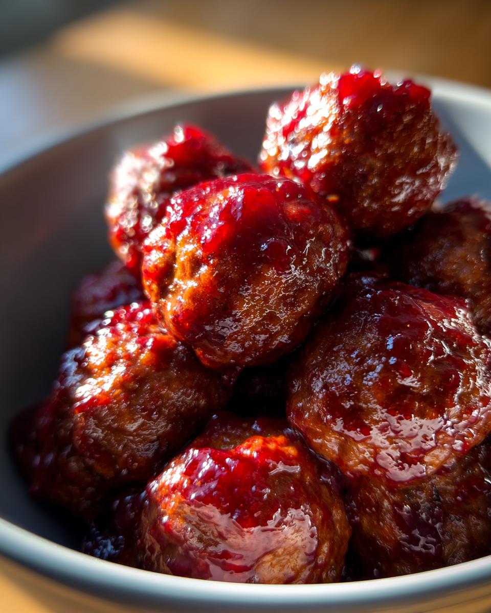 Close-up of a bowl filled with glistening cranberry meatballs, coated in a rich, red glaze.
