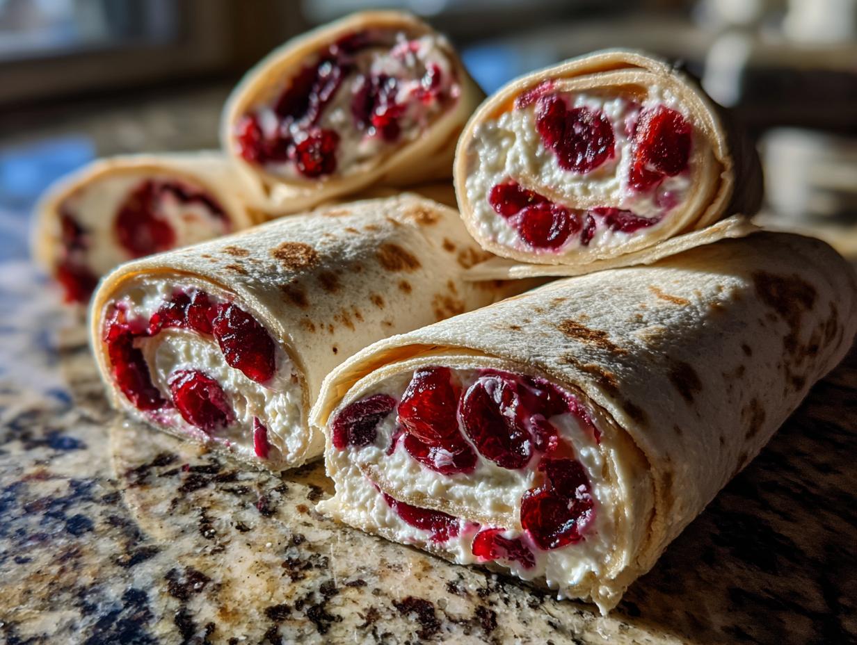 Close-up of festive cranberry tortilla roll ups filled with cream cheese and cranberries.