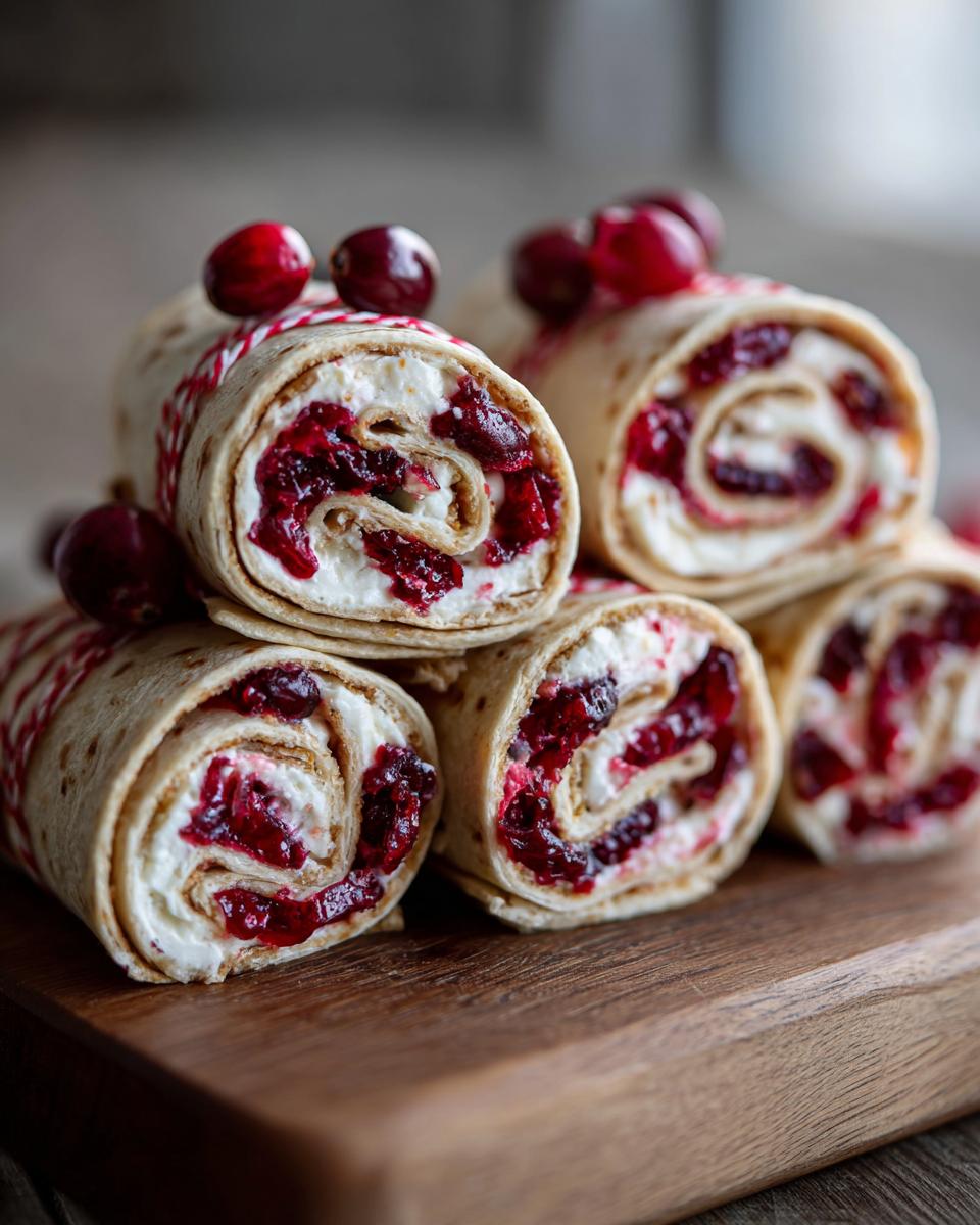 A stack of festive cranberry tortilla roll ups, filled with cream cheese and cranberry sauce, garnished with fresh cranberries.