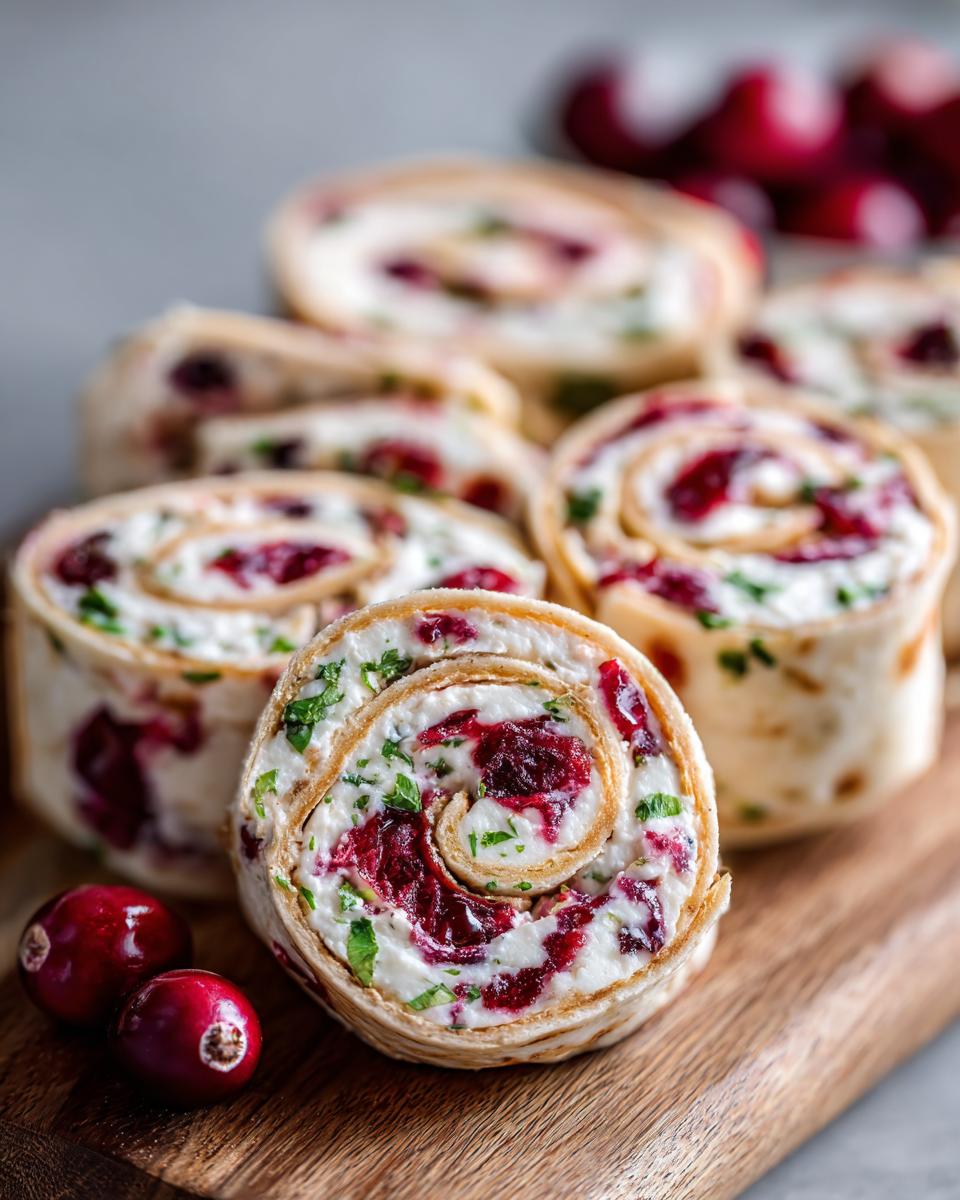 Close-up of festive cranberry tortilla roll ups filled with cream cheese and herbs, garnished with fresh cranberries.