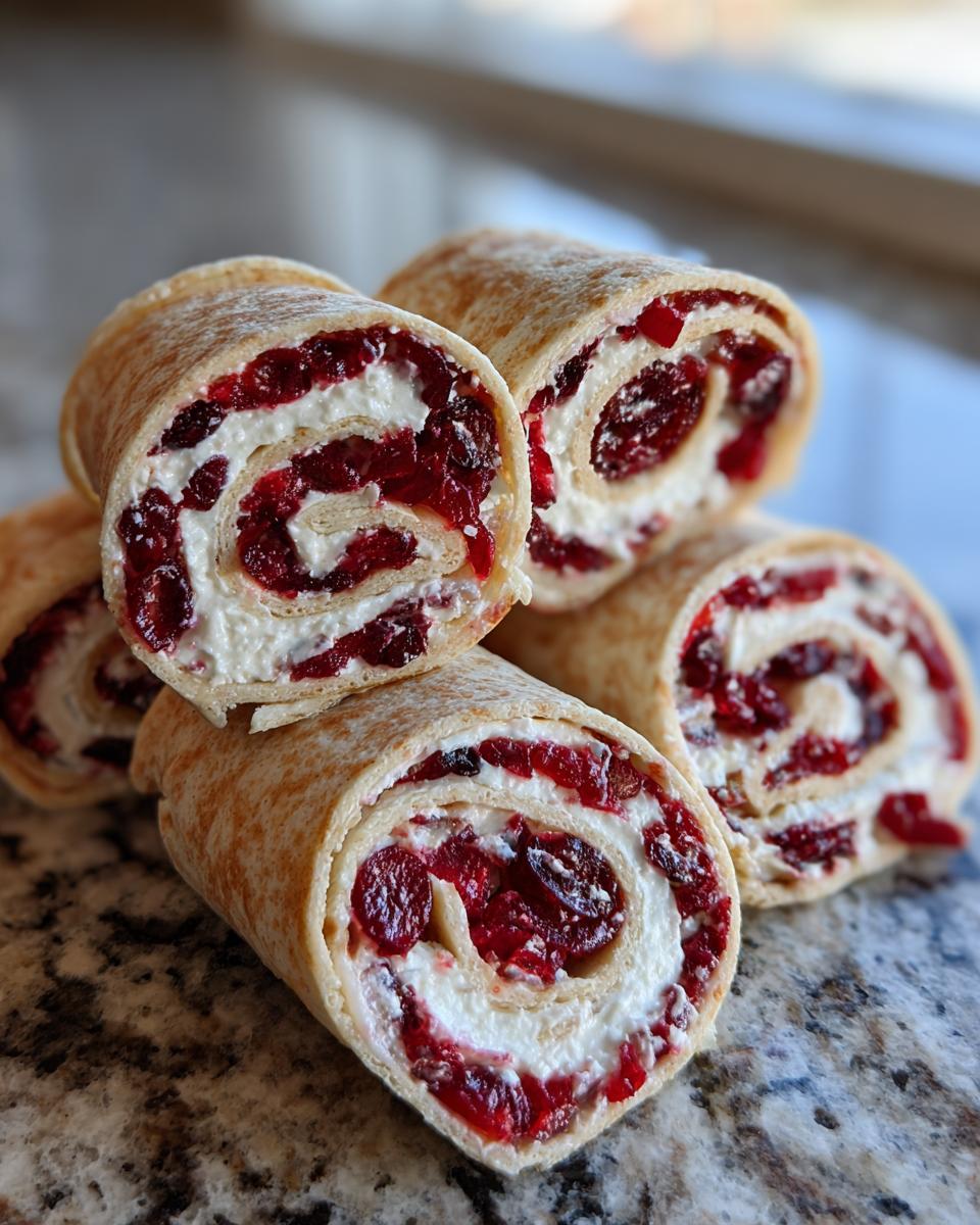Close-up of stacked cranberry tortilla roll ups filled with cream cheese and dried cranberries.