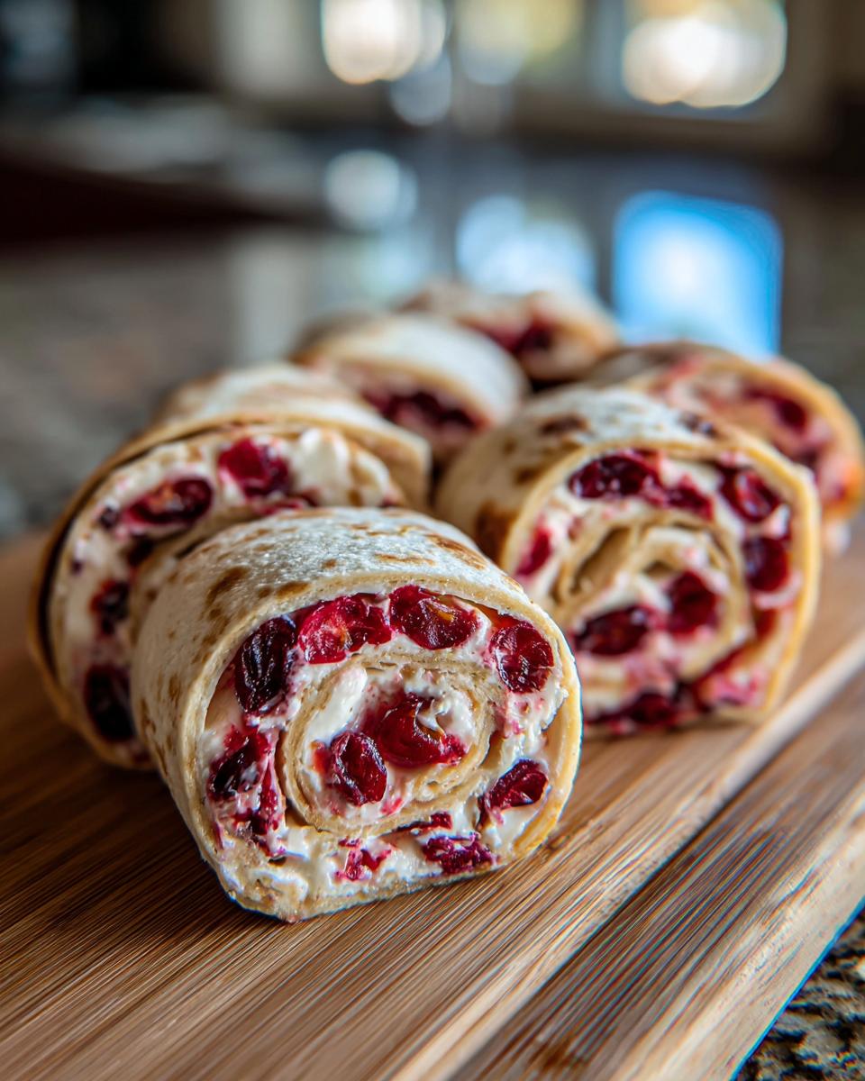 Close-up of festive cranberry tortilla roll ups filled with cream cheese and cranberries, sliced and arranged on a wooden board.