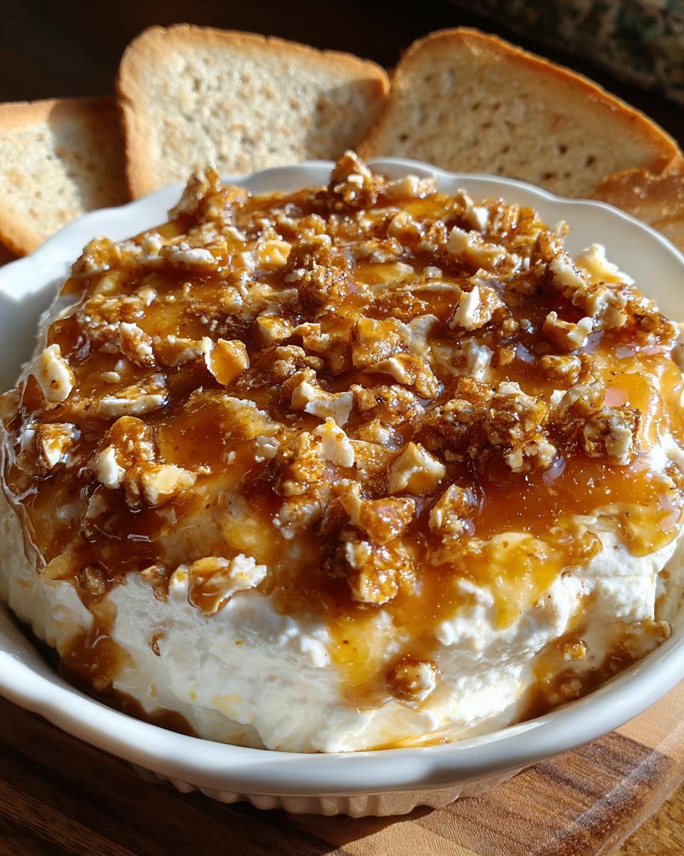A close-up of creamy cream cheese caramel apple dip topped with nuts and caramel sauce, served with toast.