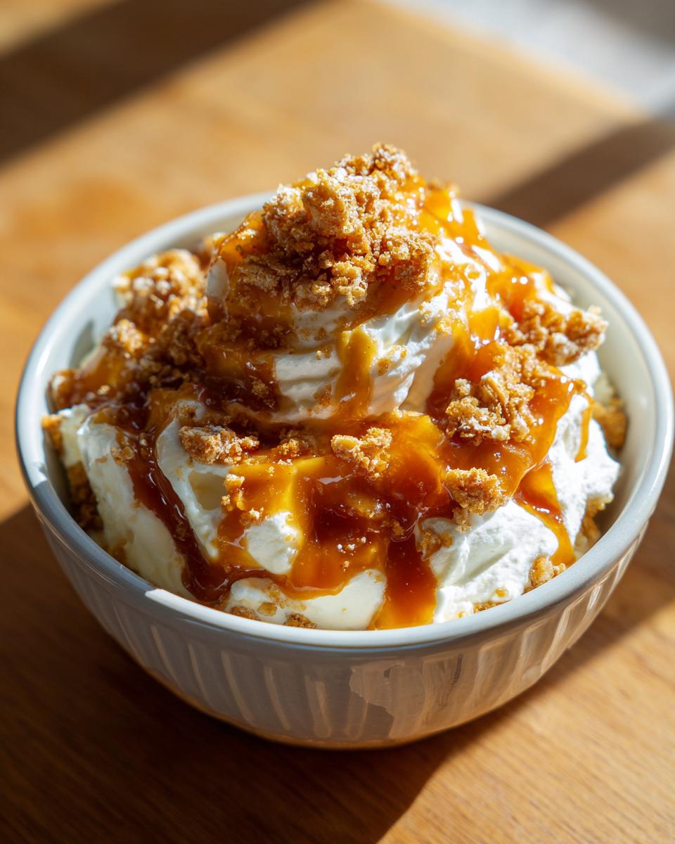 Close-up of a bowl filled with cream cheese caramel apple dip, topped with whipped cream, caramel drizzle, and cookie crumbles.
