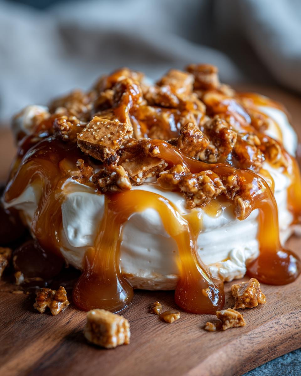 Close-up of a delicious cream cheese caramel apple dip topped with crunchy caramel pieces and drizzled with caramel sauce.