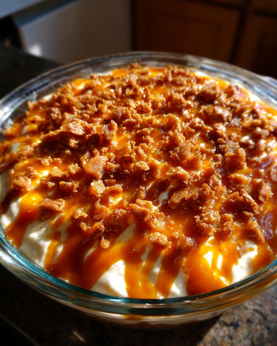 Close-up of a glass dish filled with cream cheese caramel apple dip, topped with caramel drizzle and crumbled topping.