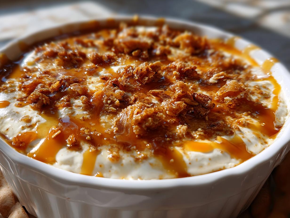 A close-up of a white dish filled with creamy cream cheese caramel apple dip, topped with crunchy bits and drizzled caramel.