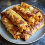 A plate piled high with golden-brown, baked cream cheese chicken taquitos, showing the cheesy filling.