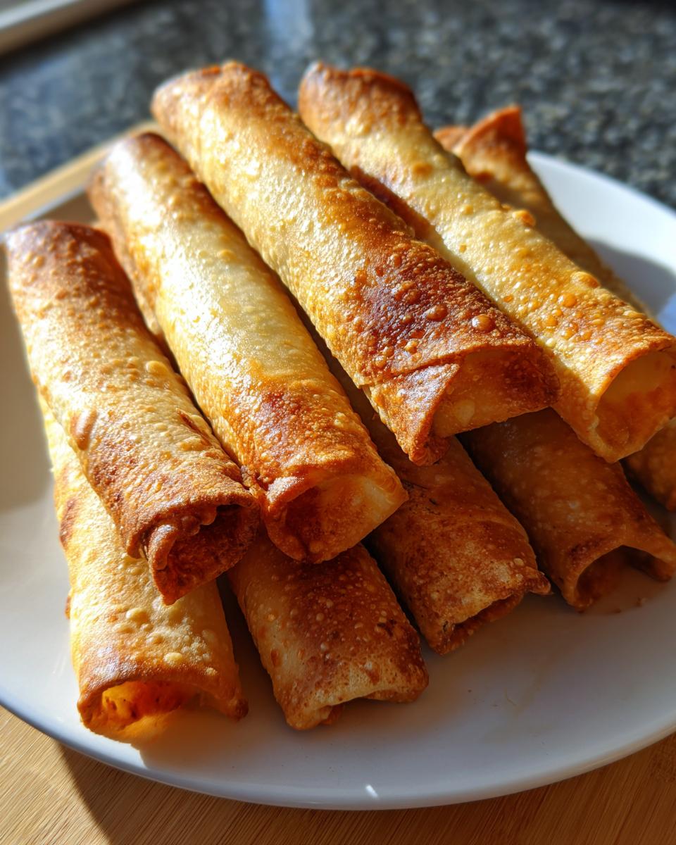 A close-up of golden brown, crispy cream cheese chicken taquitos stacked on a white plate.