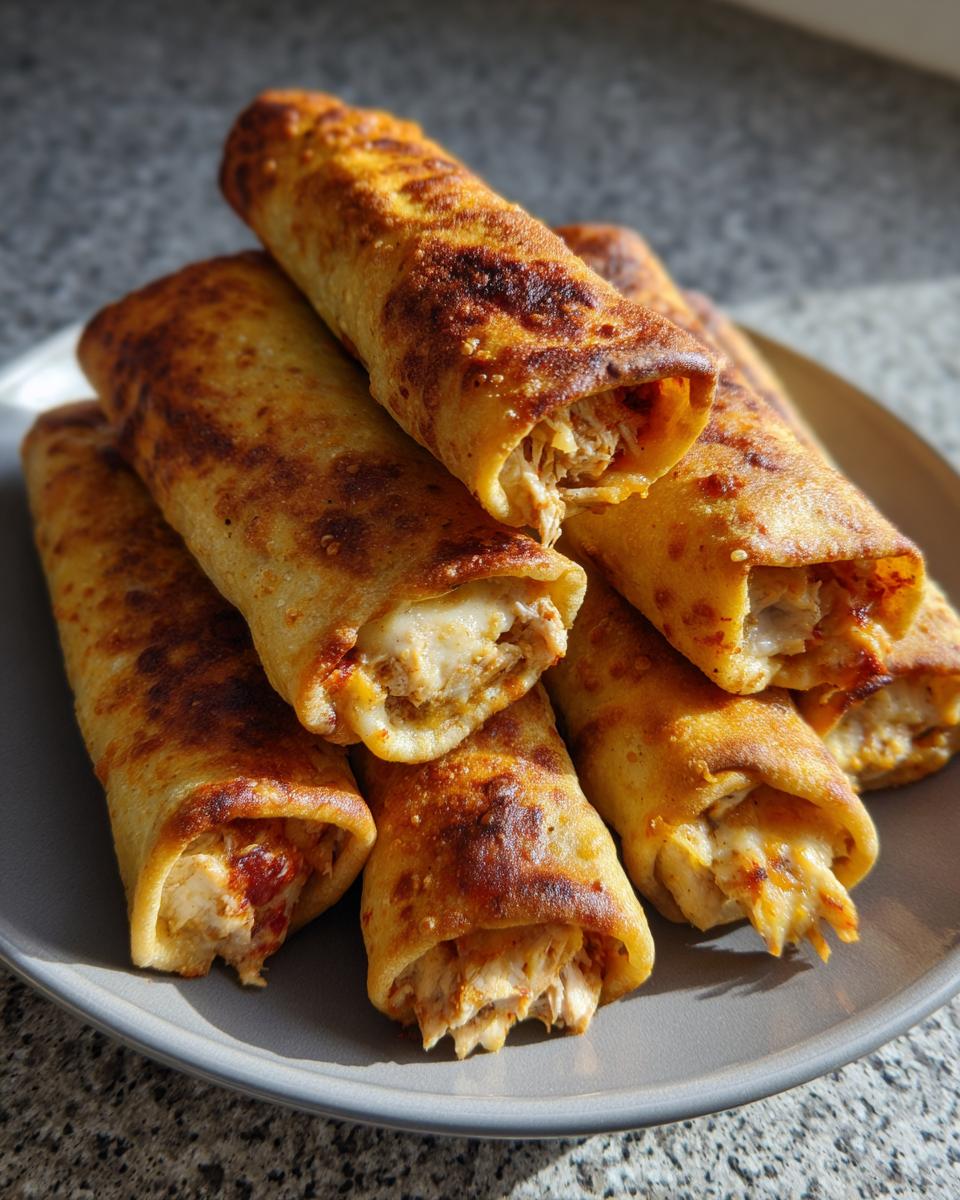 A stack of golden-brown cream cheese chicken taquitos on a gray plate, showing the shredded chicken and melted cheese filling.