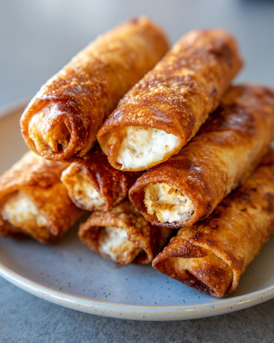 A close-up stack of crispy, golden cream cheese chicken taquitos on a plate, showing the creamy filling.